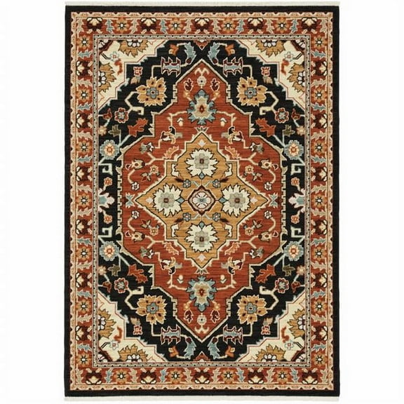 HomeRoots Oriental Power Loom Stain Resistant Area Rug - Black Orange & Beige