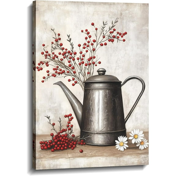 AVOI Farmhouse Canvas Wall Art Rustic Watering Cans Branches with Red Berries on Grey Background Picture Vintage Painting Prints for Kitchen Home Decor(Picture-3) Unframe: 8x10in