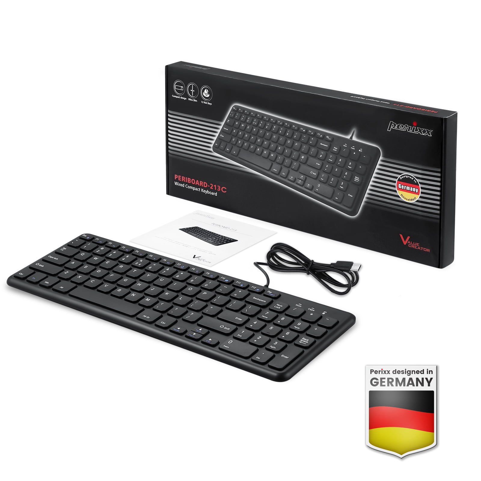 Perixx PERIBOARD-213C Wired Silent USB-C Scissor Keyboard - 14.45x4.76x0.71 Inches Compact Design with Number Pad - Black - US English