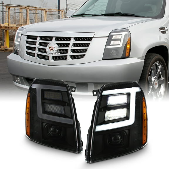 AKKON - For 2007-2014 Cadillac Escalade Xenon/HID Model Type Black Smoked LED Daytime Running Light Tube Projector Headlight