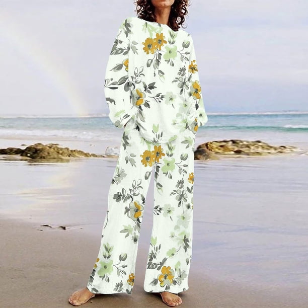 Puntoco Traje De Pantalón Y top De Cuello Redondo De Manga Larga Con Estampado Informal De Verano Para Mujer Amarillo Xxl