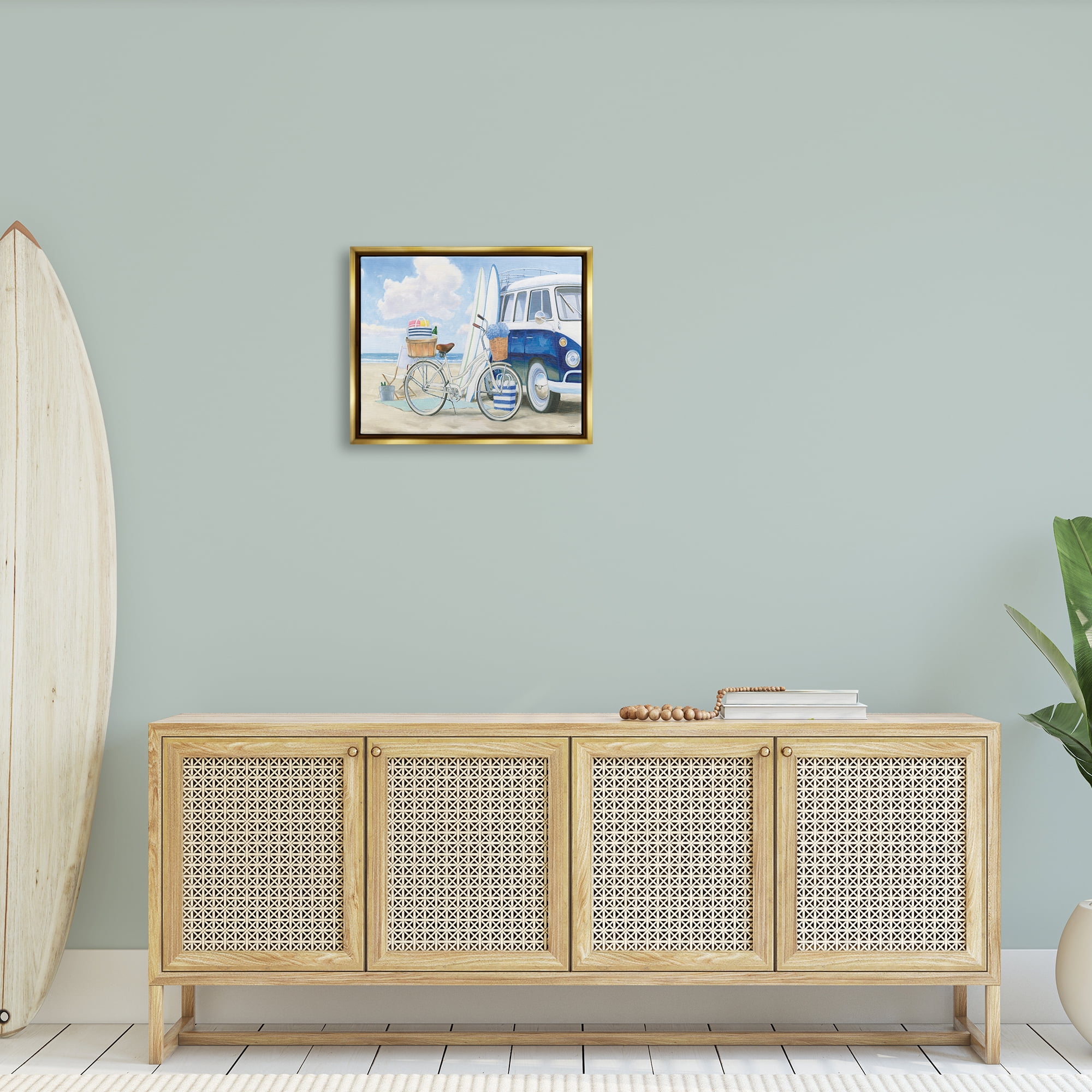 Stupell Industries Bike and Van Beach Nautical Blue White Painting Metallic Gold Framed Floating Canvas Wall Art, 16x20, by James Wiens