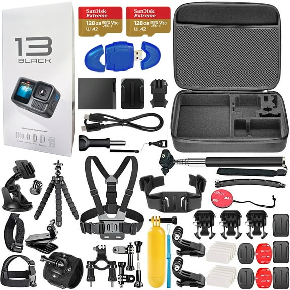 GoPro HERO 13 Black Waterproof Action Camera, 5.3K HDR Video, 27MP, with 2x 128GB Card & 50 Piece Accessory Kit, Black