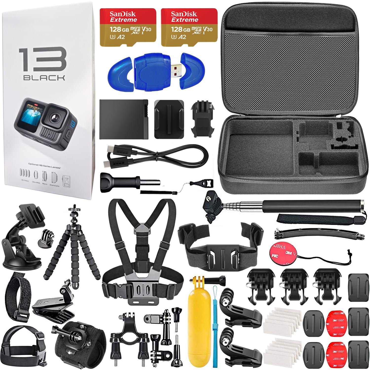GoPro HERO 13 Black Waterproof Action Camera, 5.3K HDR Video, 27MP, with 2x 128GB Card & 50 Piece Accessory Kit, Black