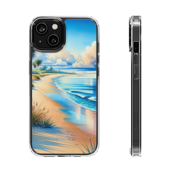 DistinctInk Hybrid (Acrylic / TPU) Clear Slim Fit Case for Apple iPhone 13 MINI (5.4" Screen) - "Serene Beachscape: A Vibrant Watercolor Masterpiece"