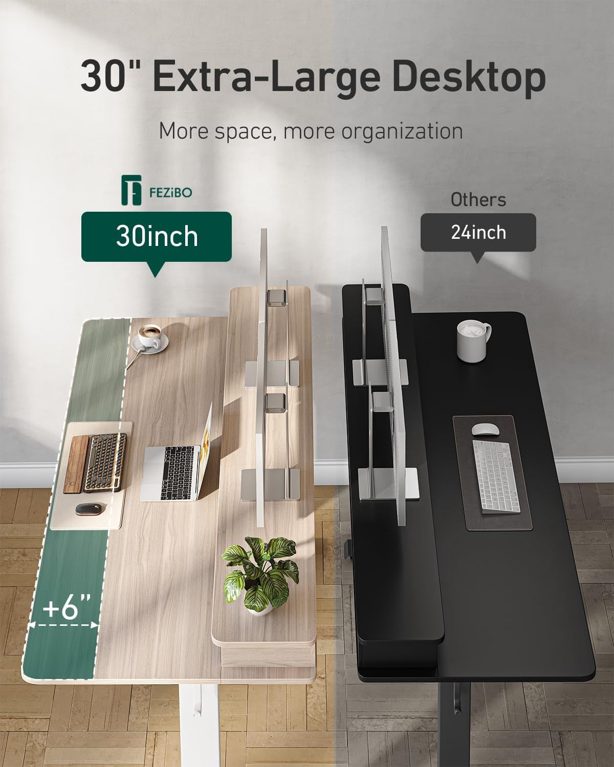 DESINO 55 x 30 Inch Height Adjustable Electric Standing Desk with Drawers, Stand Up Table with Large Storage Shelf, Sit Stand Desk for Home Office, Light Rustic Brown