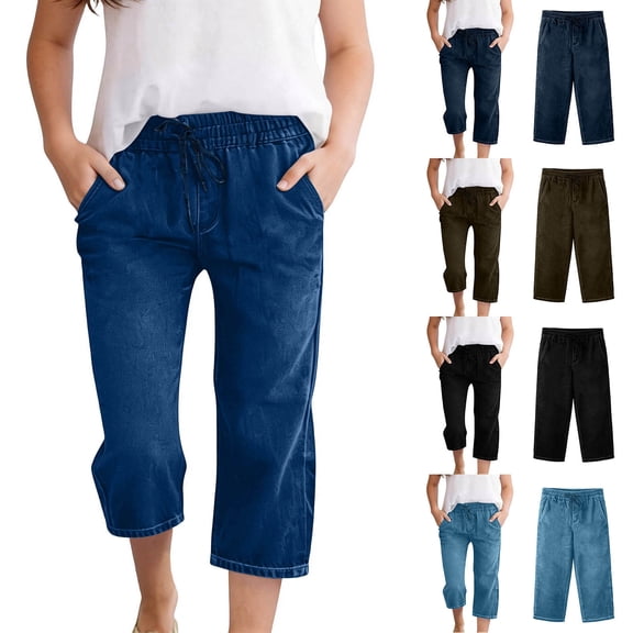 Miluxas Capris Pants for Girl Casual Summer Straight Wide Leg Loose Drawstring Elastic Waist Cropped Pants Light Blue 13 Years