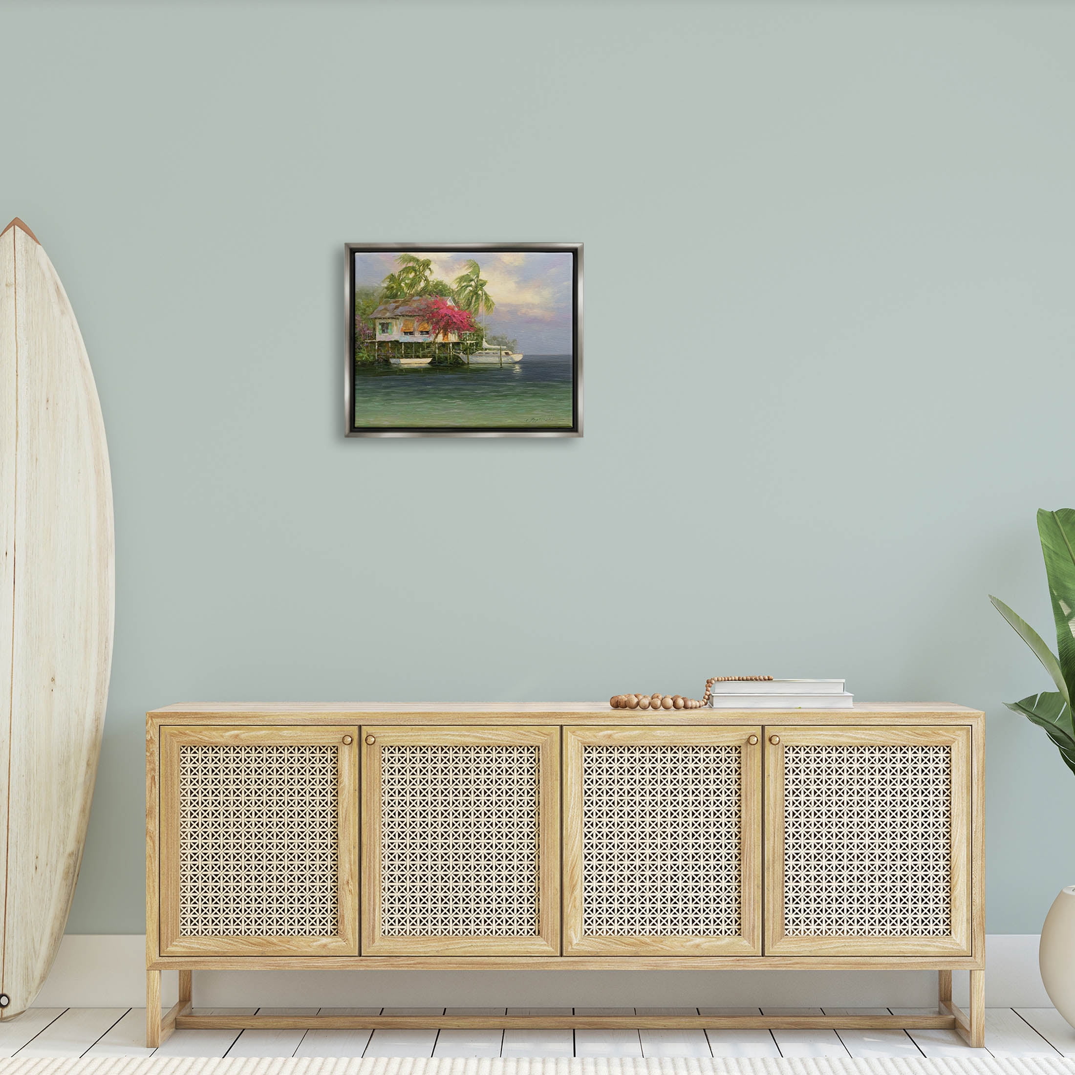 Summer Coastal Vacation Cottage Landscape Painting Luster Gray Framed Art Print Wall Art
