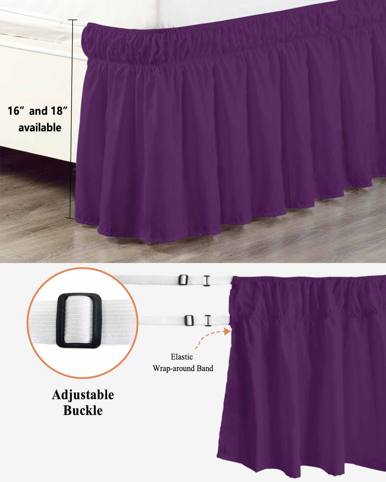 Solid Color Bed Skirt Queen Size 16" Drop Purple Ruffled Wrap Around Bed Skirts Adjustable Elastic Bedskirt Dust Ruffle for Queen Size Bed