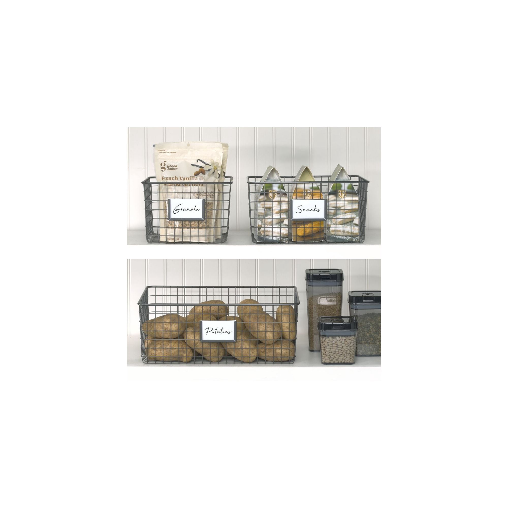 mDesign Large Steel Kitchen Organizer Basket with Label Slot, 4 Pack - Dark Gray