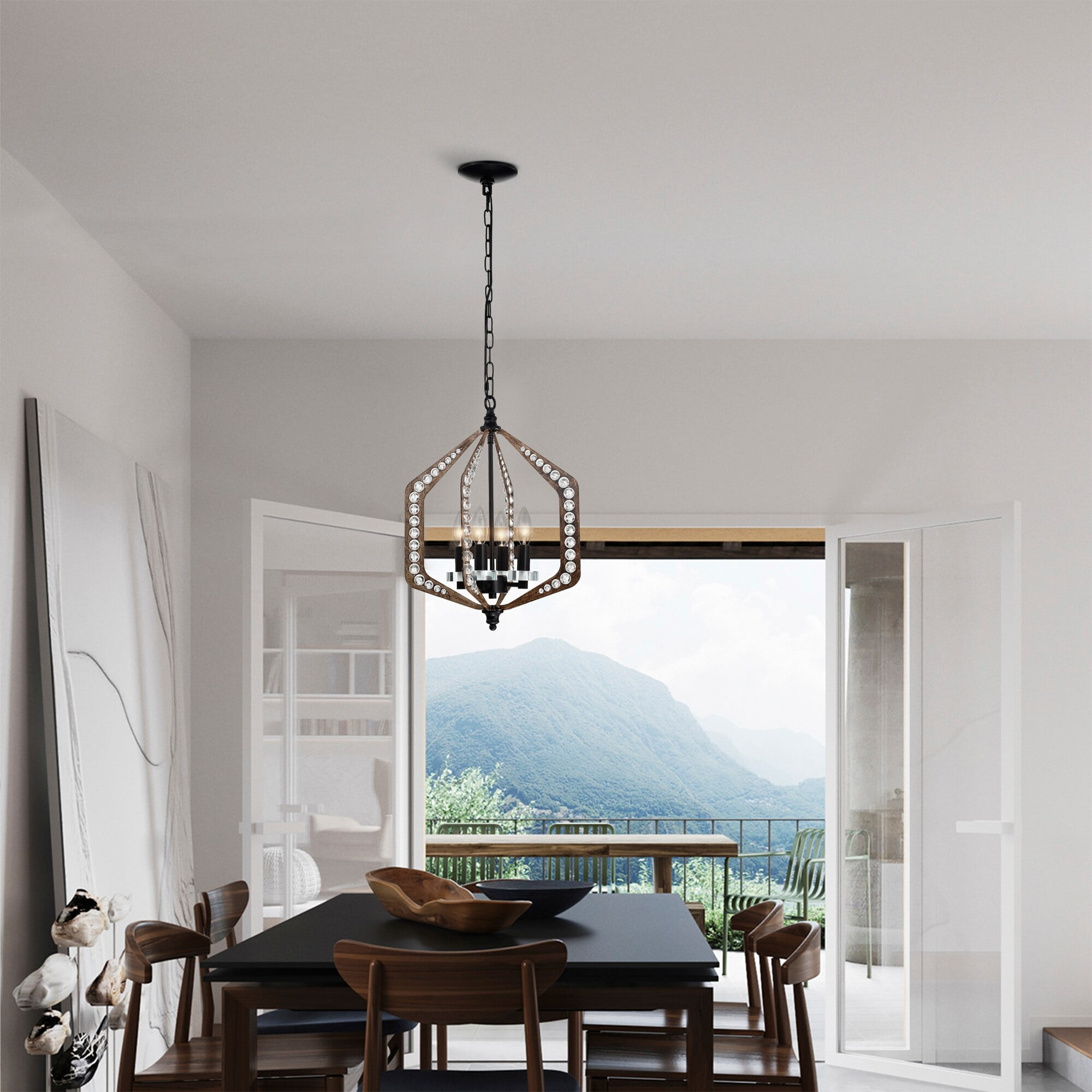 Germana 14 in. 4-Light Indoor Faux Wood Grain Finish Chandelier with Light Kit