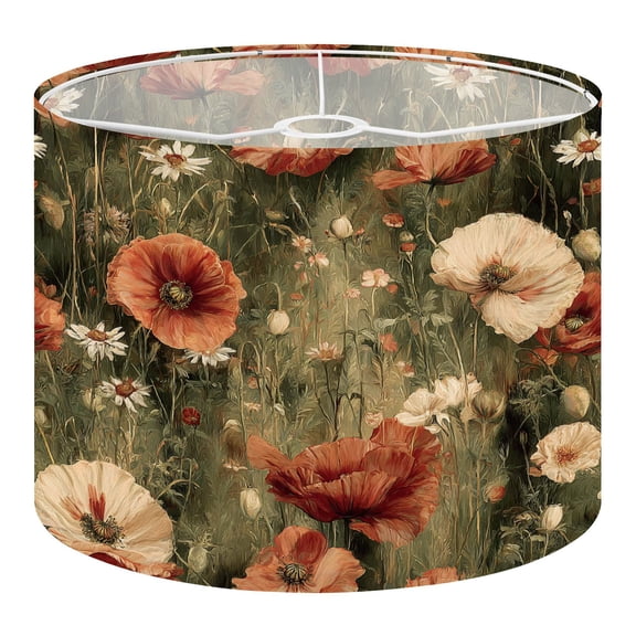 Linen Drum Lampshades Vintage Flower Field White Red Blooms 13"x13"x10" Light Shade for Table Lamps Floor Lamp Shades Lampshade Replacement Assembly Required Vintage Botanical Decor for Home