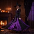 thumbnail image 6 of Sorvello Women's Halloween Gothic Dress Treehouse Thorn Pattern Lace Chiffon Long Sleeve Round Neck Maxi Dress Party Witch Cosplay Costume Evening Gown for Women Purple XL, 6 of 8