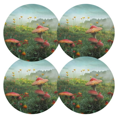 

joogoo Mushrooms Grasses Landscape Round Plate Mats for Dining Table Placemat Set of 4 Holiday Decoration
