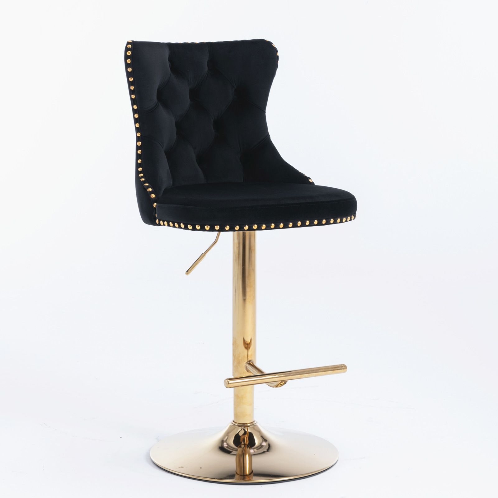 Swivel Dining Bar Chairs with Gold Metal Base Velvet Upholstered Bar Stools with Button Tufted Back Height Adjustment(Black,Set of 6)