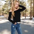 thumbnail image 6 of Women's Ribbed Off-the-Shoulder Long Sleeve Slim Fit Top in Soft Stretchy Midweight Fabric for a Chic Cropped Style - Medium, Black, 6 of 7