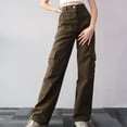 thumbnail image 3 of Pantalones de mujer con múltiples bolsillos Ajuste relajado Pierna ancha recta Cintura media Pantalones casuales de calle OD Verde L, 3 of 5