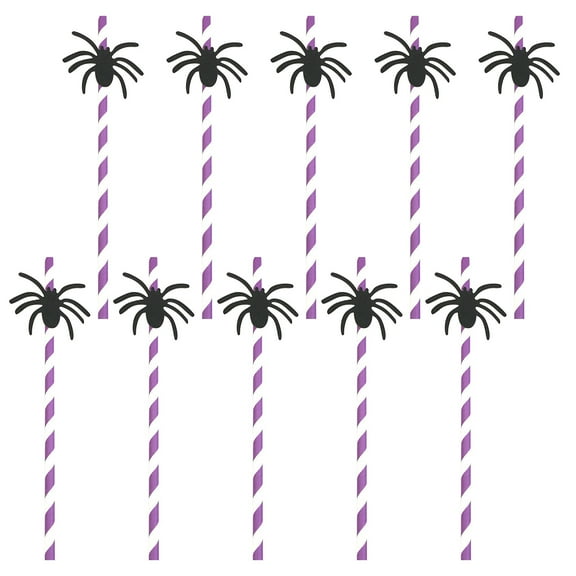 Fnochy 10 Counts Halloween Paper Straws, Black White Orange Purple Biodegradable Party Drinking Straws with Stripe, Wave, Bats, Spider Design