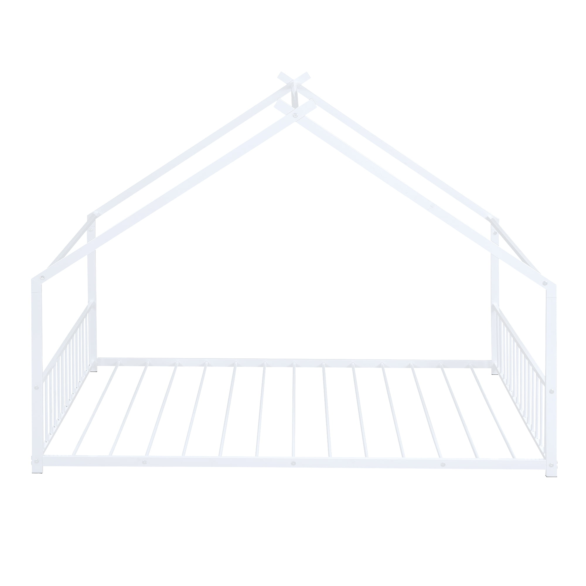 Jopath Full Size Bed Metal Floor Bed,Full House Bed Frame Floor Bed Frame,With Roof With Headboard And Footboard With Slats Support For Kids Toddler White