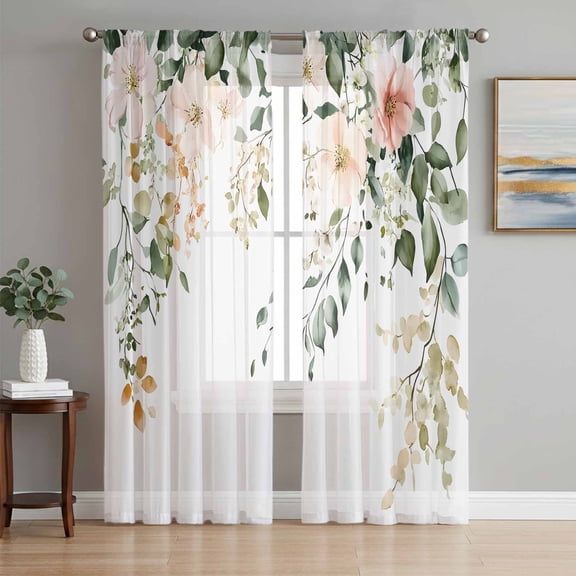 Sage Green Eucalyptus Semi Sheer Curtains 63 Inch Length 2 Panels Set, Vintage Spring Floral Leaves Sheer Kitchen Curtain Privacy Voile Window Curtain for Living Room Bedroom Rod Pocket Drapes