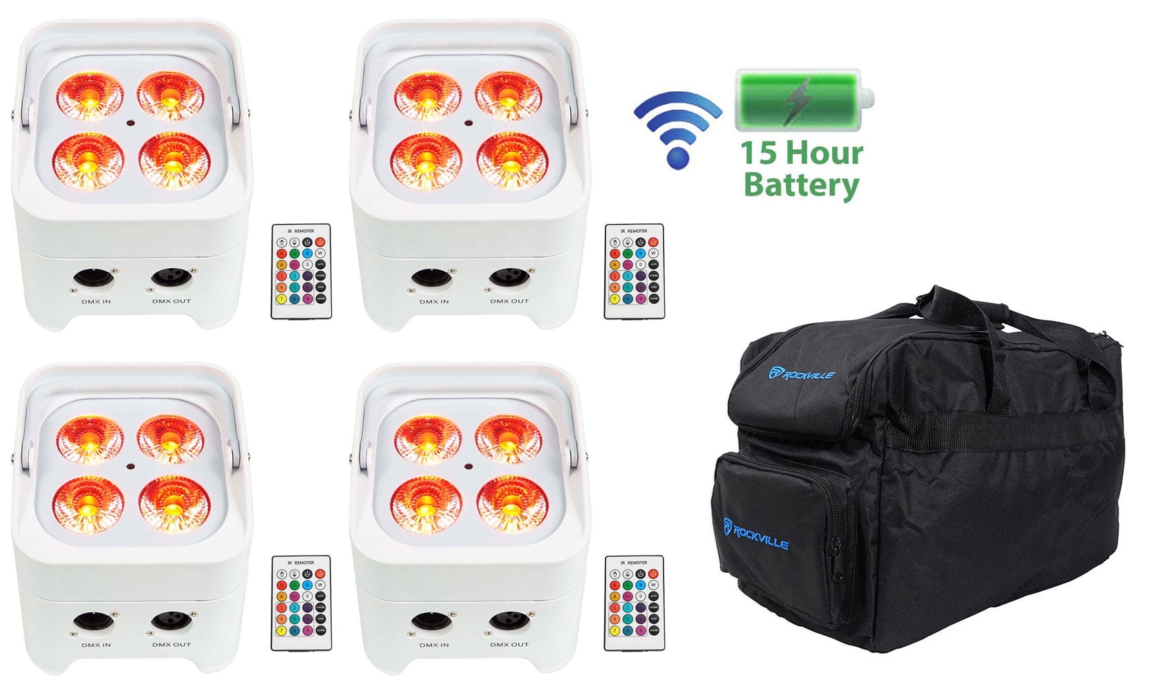 4) Rockville BEST PAR 50 White Rechargeable Par Lights Wireless DMX