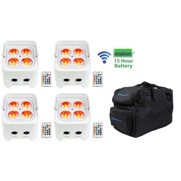 4) Rockville BEST PAR 50 White Rechargeable Par Lights Wireless DMX RGBWA UV Bag