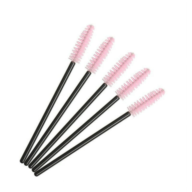 Nvzi 100 piezas de cepillos desechables para rímel de pestañas, para extensiones de pestañas, cejas y maquillaje (varilla negra y cabeza rosa)