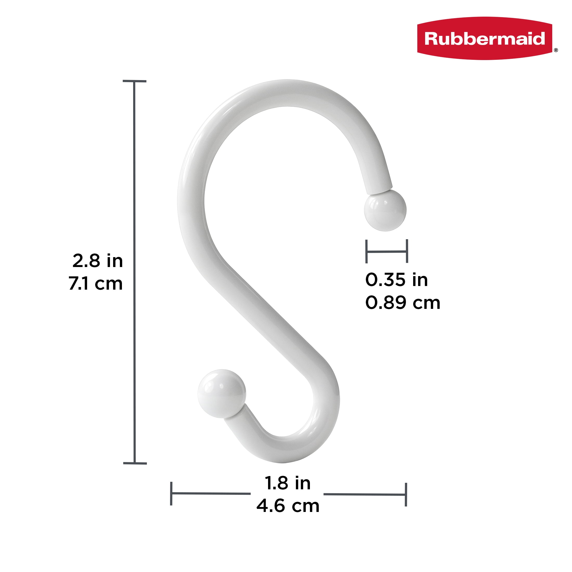 Rubbermaid White Plastic S-Shape Shower Curtain Hooks, 12 Count