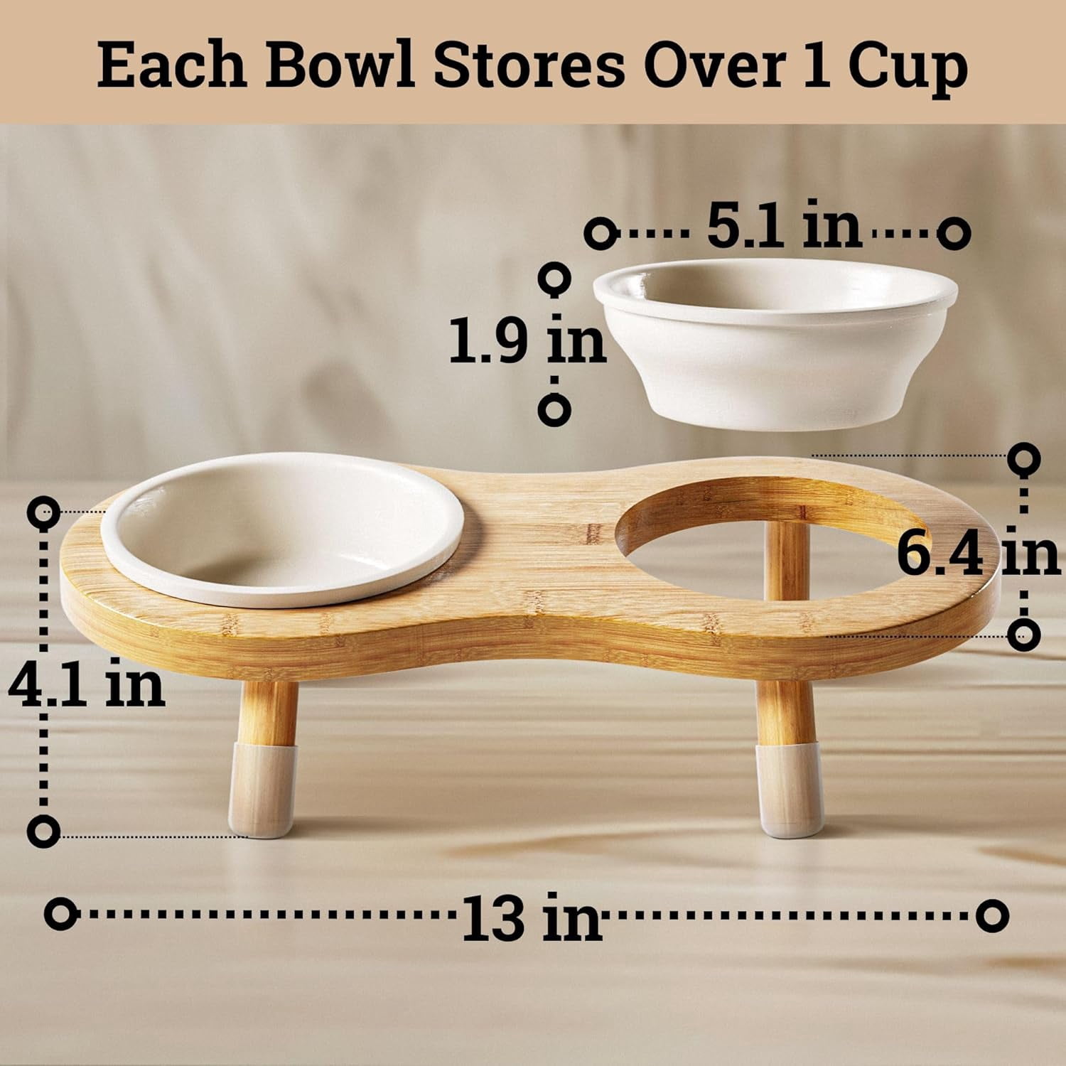 Absorbent Non-Slip Pet Feeding Mat with Elevated Ceramic Cat Bowls, 15° Tilted Bamboo Stand, Quick-Dry Mat for Cats & Small Dogs