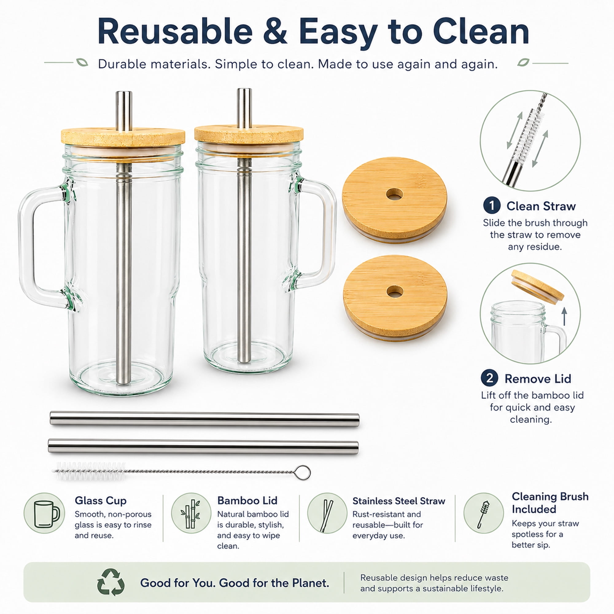 2-Pack Glass Tumbler Cups with Handles, Bamboo Lids, Stainless Steel Straws and Cleaning Brush for Iced Coffee and Cold Drinks