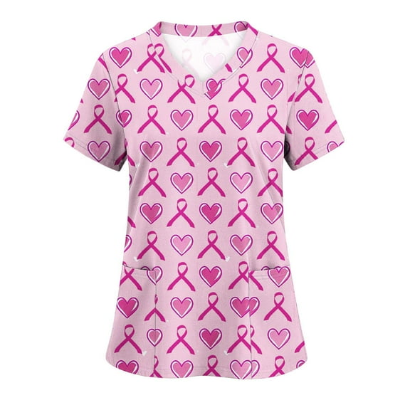 Fartey Breast Cancer Scrub Tops for Women Slim Fit V Neck Short Sleeve Tops Cute Pink Ribbon Graphic Tees Cancer Survivor Tshirts with Pockets Multicolor L