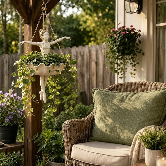 Dxssxc Cute Hanging Flowerpot with Resin Ballerina Shape, for Indoor and Outdoor Garden Decoration, With Chain Hanger.