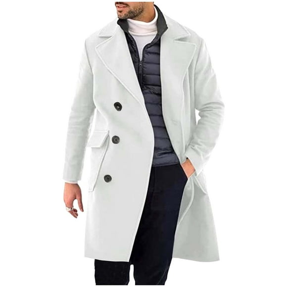Men's Double Breasted Hooded Lapel Overcoat, Long Sleeve Wool Blend Coat with Pockets for Winter and Spring, Regular Length Casual Jacket