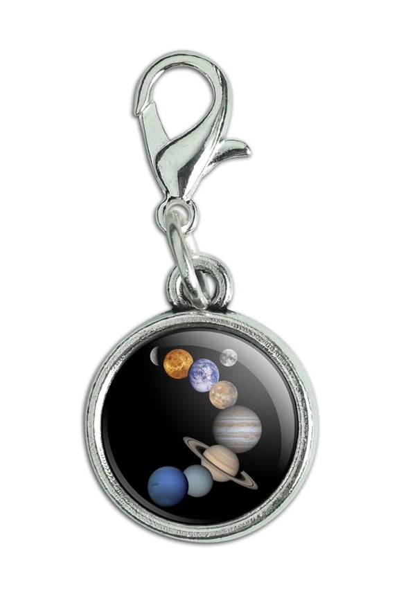 Solar System Planets Mercury Venus Mars Earth Moon Jupiter Saturn Uranus Neptune Antiqued Bracelet Pendant Zipper Pull Charm with Lobster Clasp