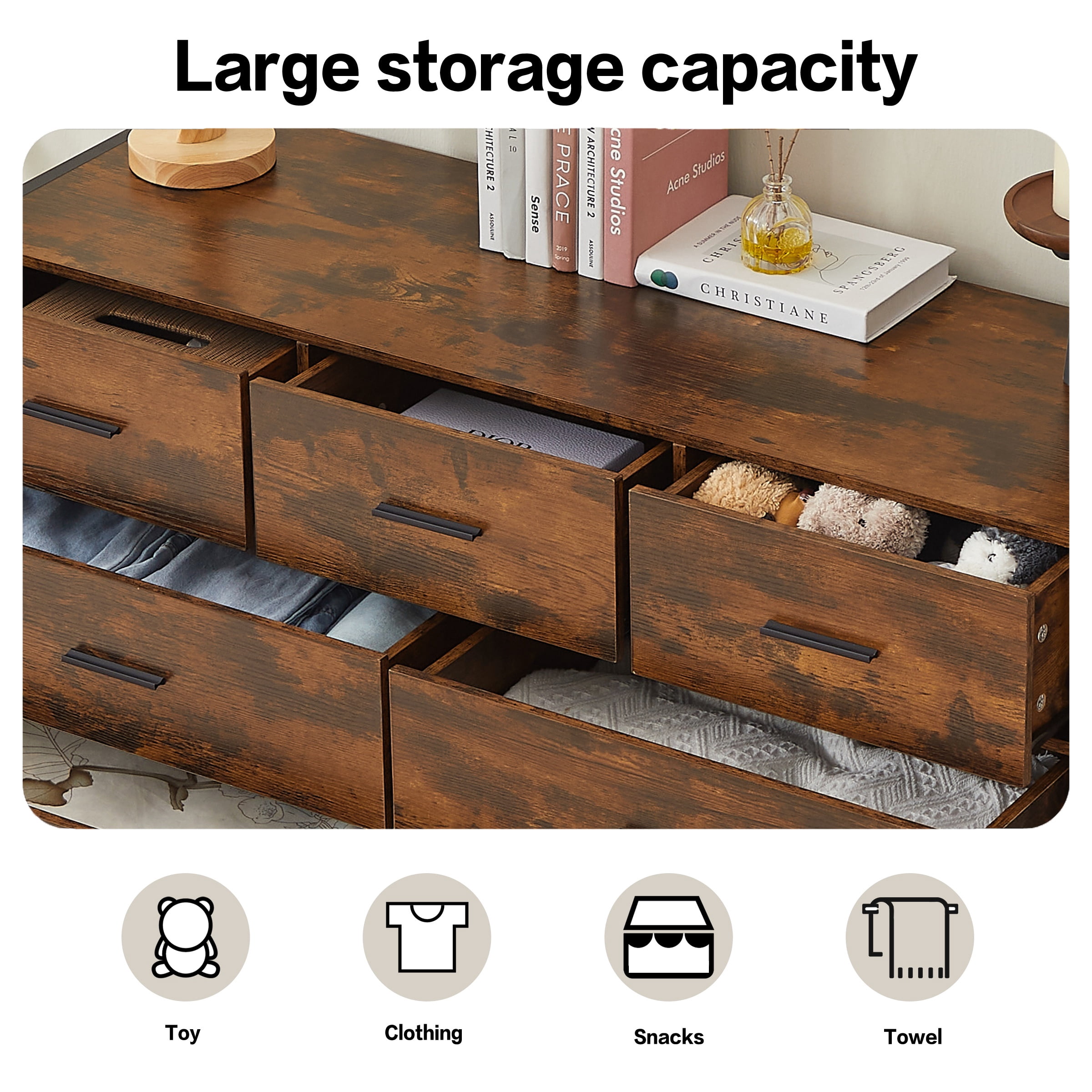 PORKISS 7 Drawer Dresser, Wood Chest of Drawers, Industrial Style Horizontal Dresser for Bedroom, Solid Clothes Storage Cabinet with Sturdy Steel Frame, Wooden Dresser Organizer, Brown