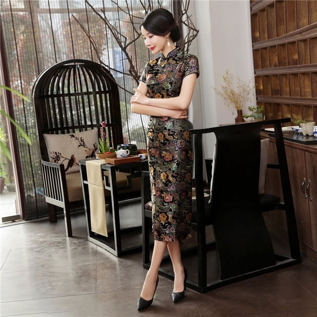 Vestido cheongsam con diez hebillas, cheongsam, ropa de verano, etiqueta larga, corte ajustado