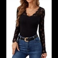 thumbnail image 3 of Blusa de Larga con Cuello en V y Encaje de con Bordado Floral para Mujer Negro XXL, 3 of 9