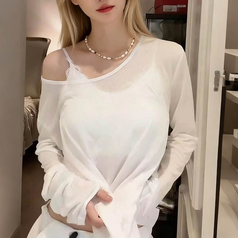 Wyongtao Womens Sheer Mesh Tops One Shoulder Long Sleeve Solid Color ...