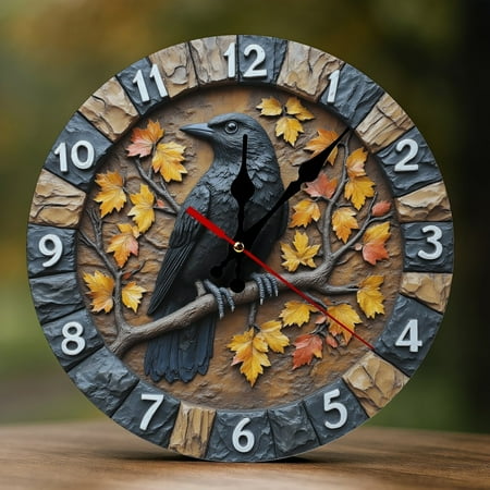 Wall Clock Decorative - Black Crow Maple Leaf Print 2D Vintage Wall Clocks Battery Operated Silent Non-Ticking for Bedroom, Living Room, Kitchen, Office, Classroom, 10 Inch