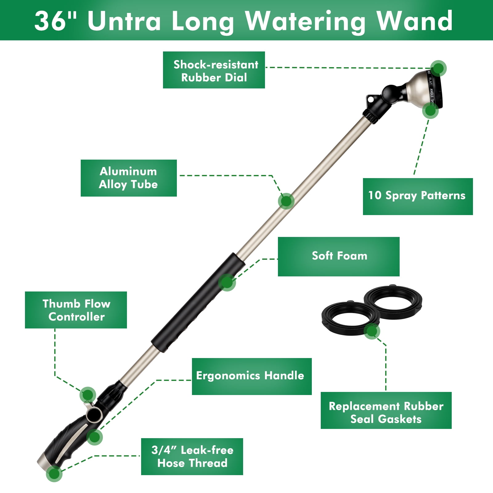Restmo 36” Metal Watering Wand with 180° Ratcheting Spray Head, 10 Spray Patterns, Heavy Duty Hose Nozzle Sprayer