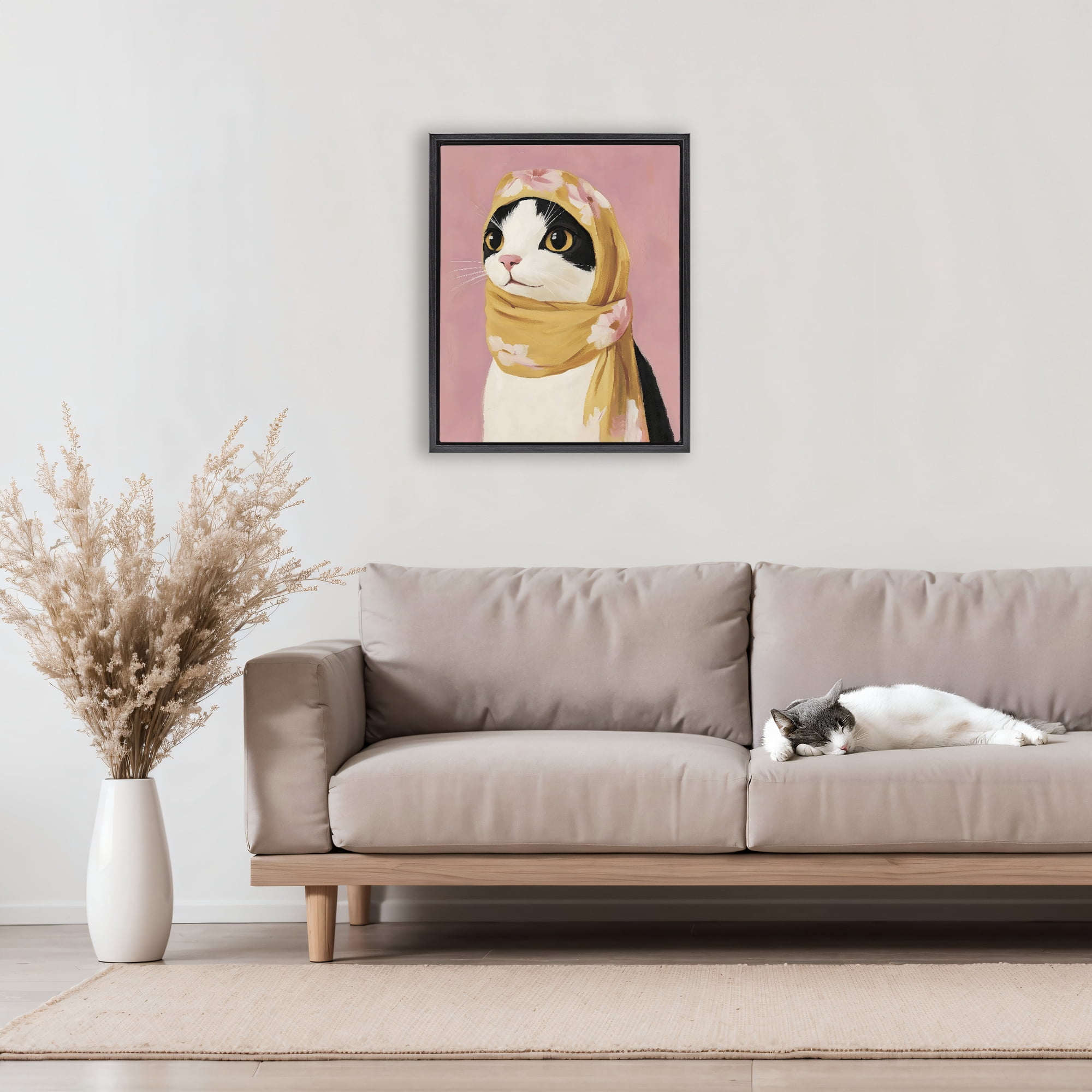 Stupell Industries Cat Babushka in Yellow Scarf Black Framed Floater Canvas Wall Art, design by The Prints Vibe