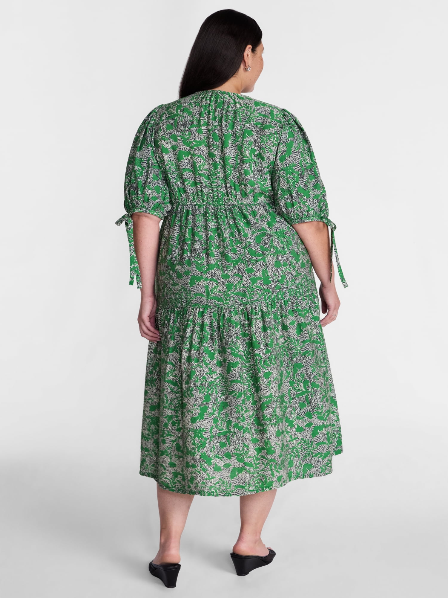 Terra & Sky Women’s Plus Tiered Midi Dress with Short Puff Tie Sleeves, Sizes 0X-5X