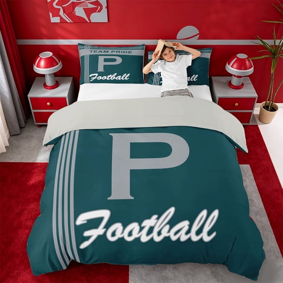 jejeloiu Gray Green Football Sport Team Duvet Cover Set,Boys Ball Games Bedding Full For Kids,Light Gray Reversible,3-Piece(No Comforter)