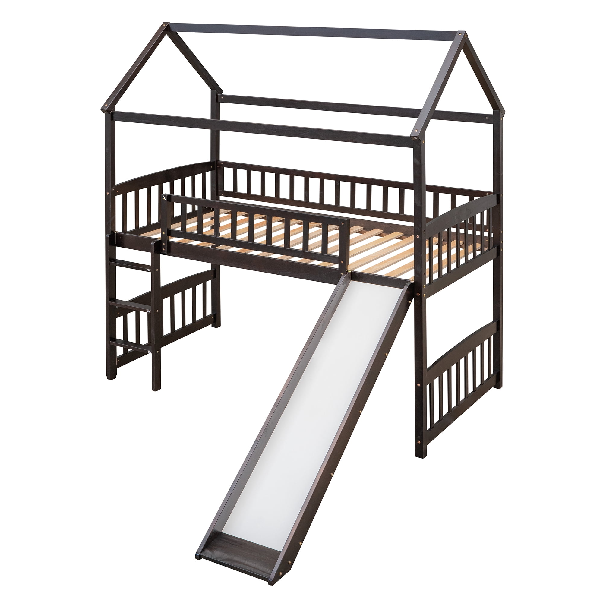 Aukfa Twin Loft Bed with Slide, House Bed with Headboard for Kids Teens Adults - Espresso