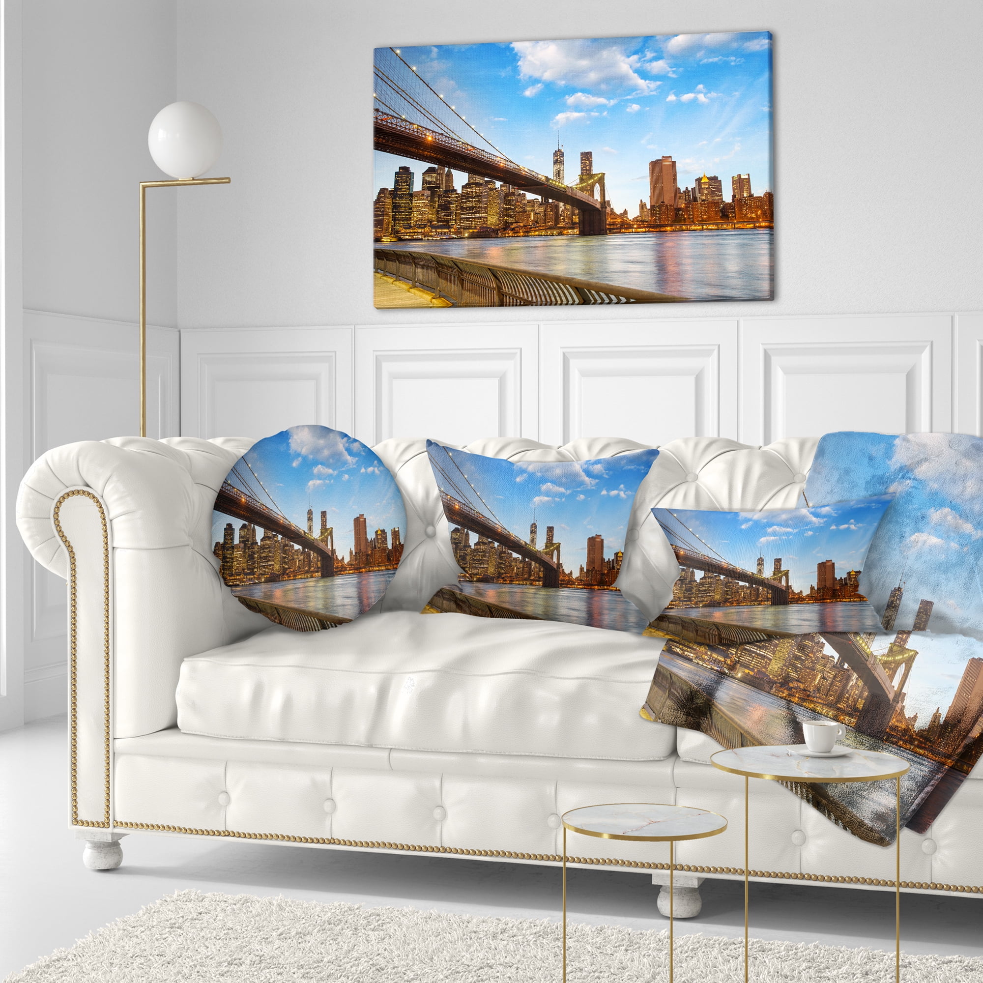 Designart Calm Sky Over Brooklyn Bridge - Cityscape Photo Throw Pillow - 12x20