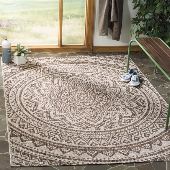 SAFAVIEH Courtyard Josiah Floral Medallion Indoor/Outdoor Area Rug, Light Beige/Light Brown, 5'3" x 7'7"