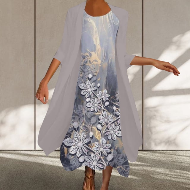 SMihono Robes Bohèmes d'Été Femmes Grande Taille Mode Femmes Décontracté Col Rond Robe Sans Manches Manteau Uni Ensemble Deux Pièces
