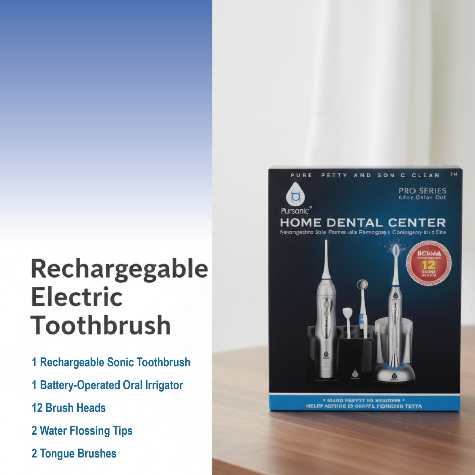 Pursonic Rechargeable Sonic Toothbrush and Rechargeable Water Flosser with 12 Brush Heads