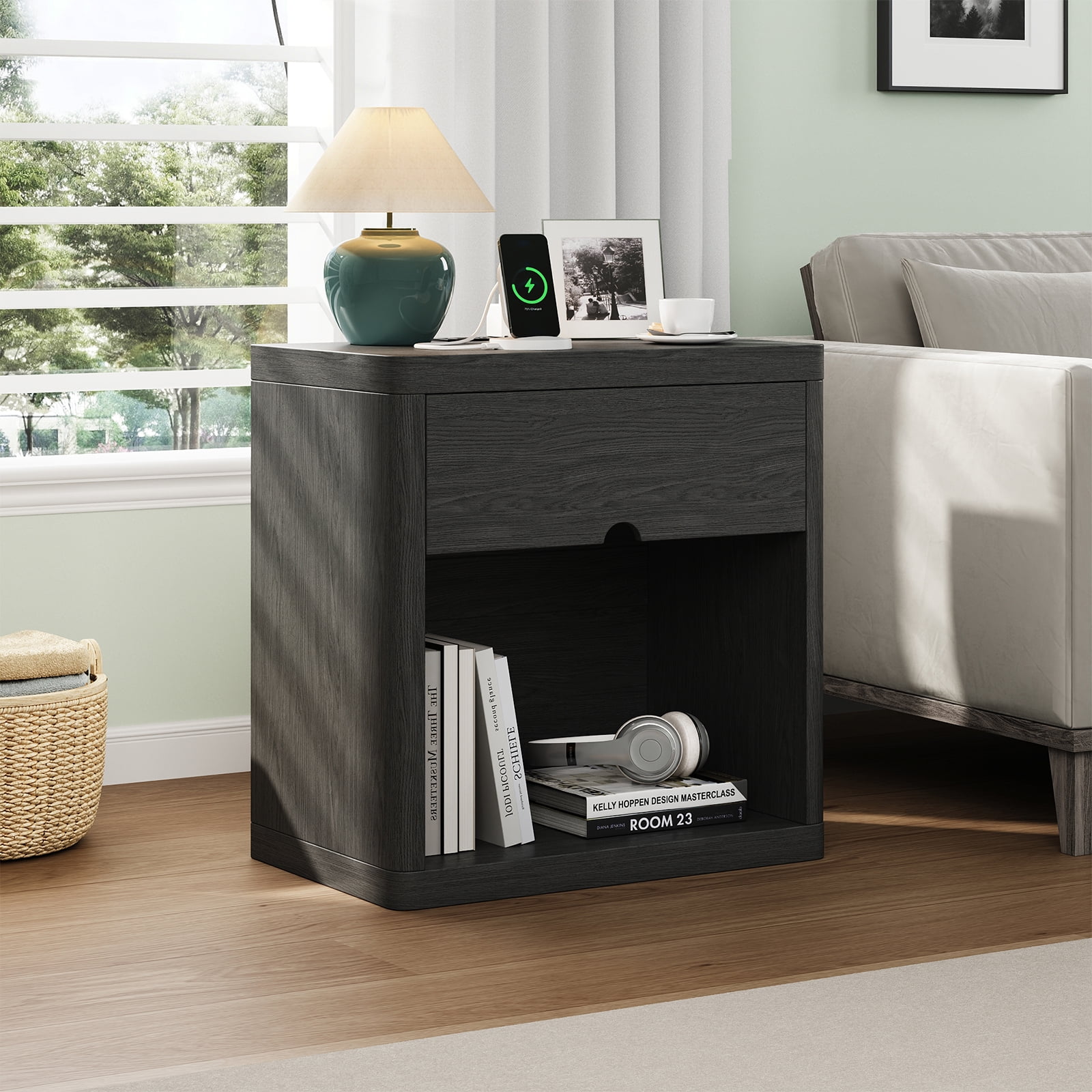 IDEALSOUL Nightstand Set of 2, Nightstand with Charging Station, 24inch Bedside Table with Curved Top Corners, Crescent Shaped Buckle, Wooden End Table for Bedroom Living Room (2pcs, Black)
