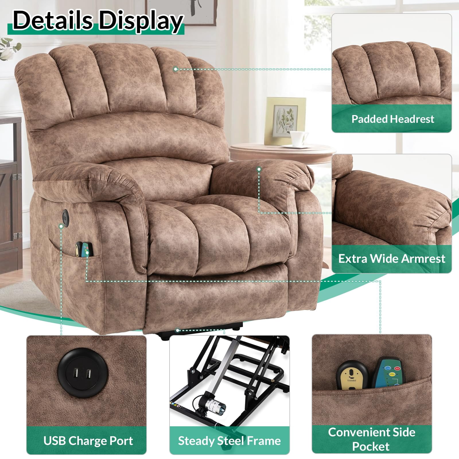 VIVIJASON Large Power Lift Recliner Chair with Heat & Massage for Elderly Big People, Overstuffed Wide Electric Lift Chair with Extended Footrest, 2 Remote Controls, Side Pockets & USB Ports, Brown